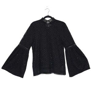 Cable & Gauge Womens Peasant Top Large Open Black Lace Bell Ballooon Boho Mock